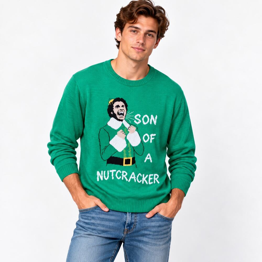 Elf Movie Mens Green Son Of A Nutcracker Buddy Christmas Holiday Sweater XL